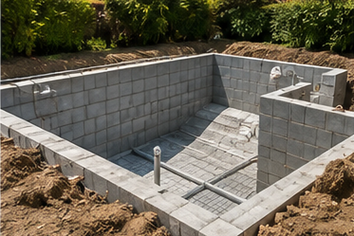 Estructura de una piscina de obra durante su construcción
