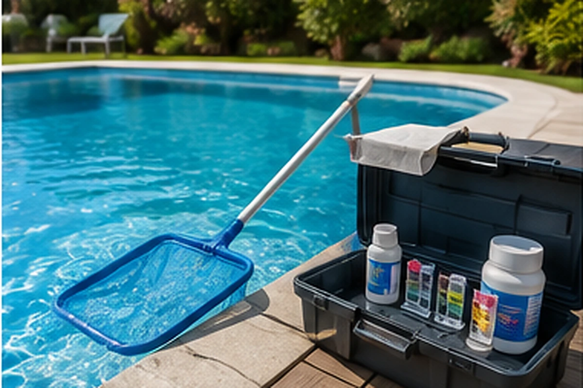 Material de mantenimiento junto a una piscina exterior