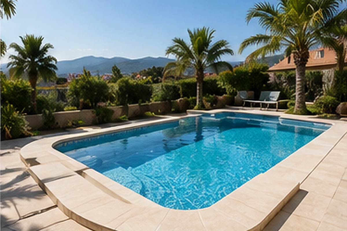 Piscina exterior renovada con acabado claro y entorno ajardinado